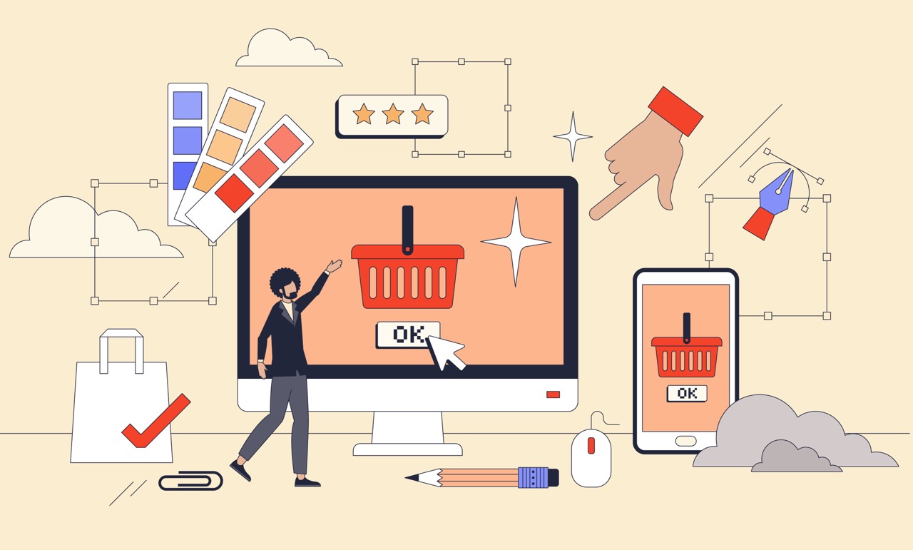E-commerce website design for webshop UX tiny person neubrutalism concept. Improved user experience with intuitive interface and beautiful color usage for online project vector illustration.